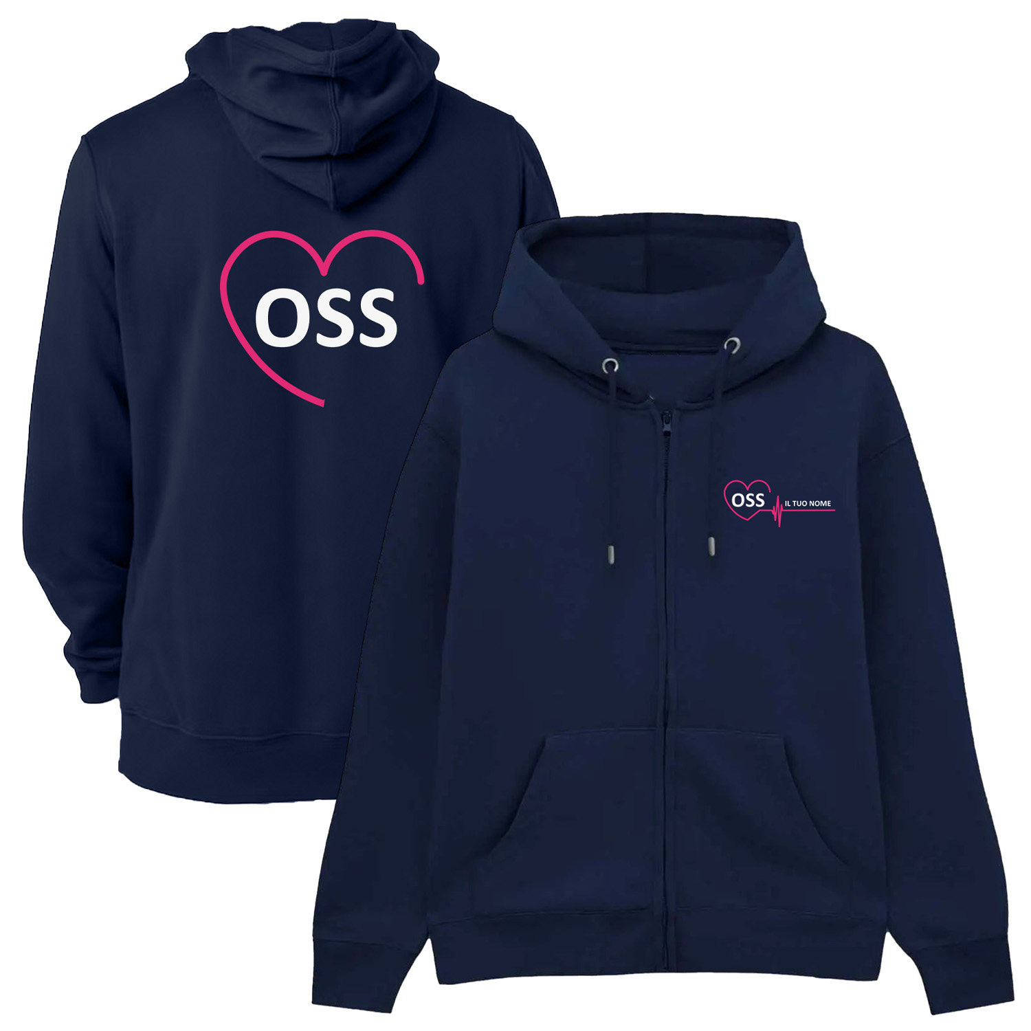 Felpa Unisex OSS con Zip e Cappuccio per Operatore Socio Sanitario in blu scuro - Personalizzata con stampa Fronte/Retro