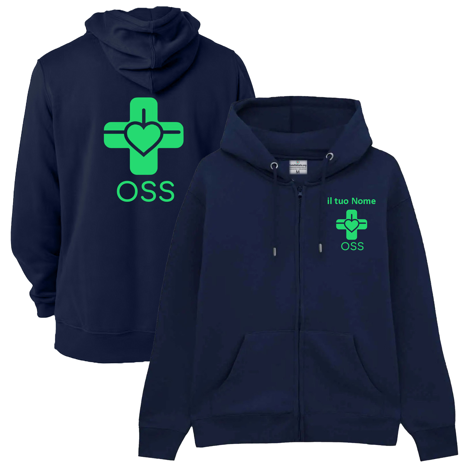 Felpa Unisex OSS con Zip e Cappuccio per Operatore Socio Sanitario in blu scuro - Personalizzata con stampa Fronte/Retro