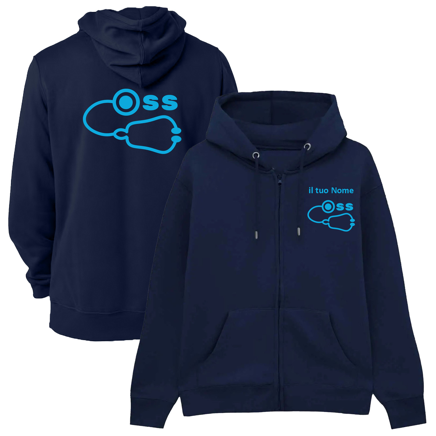 Felpa Unisex OSS con Zip e Cappuccio per Operatore Socio Sanitario in blu scuro - Personalizzata con stampa Fronte/Retro