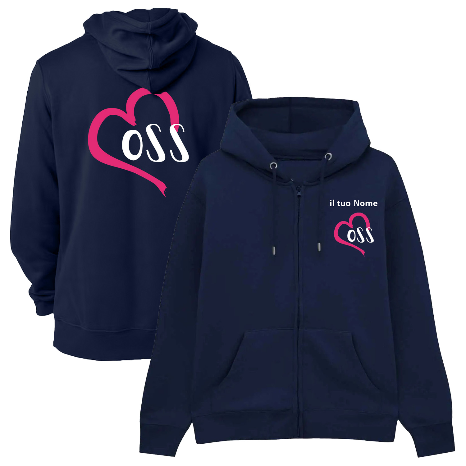 Felpa Unisex OSS con Zip e Cappuccio per Operatore Socio Sanitario in blu scuro - Personalizzata con stampa Fronte/Retro