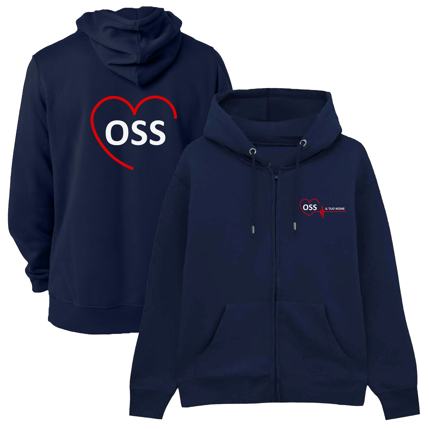 Felpa Unisex OSS con Zip e Cappuccio per Operatore Socio Sanitario in blu scuro - Personalizzata con stampa Fronte/Retro