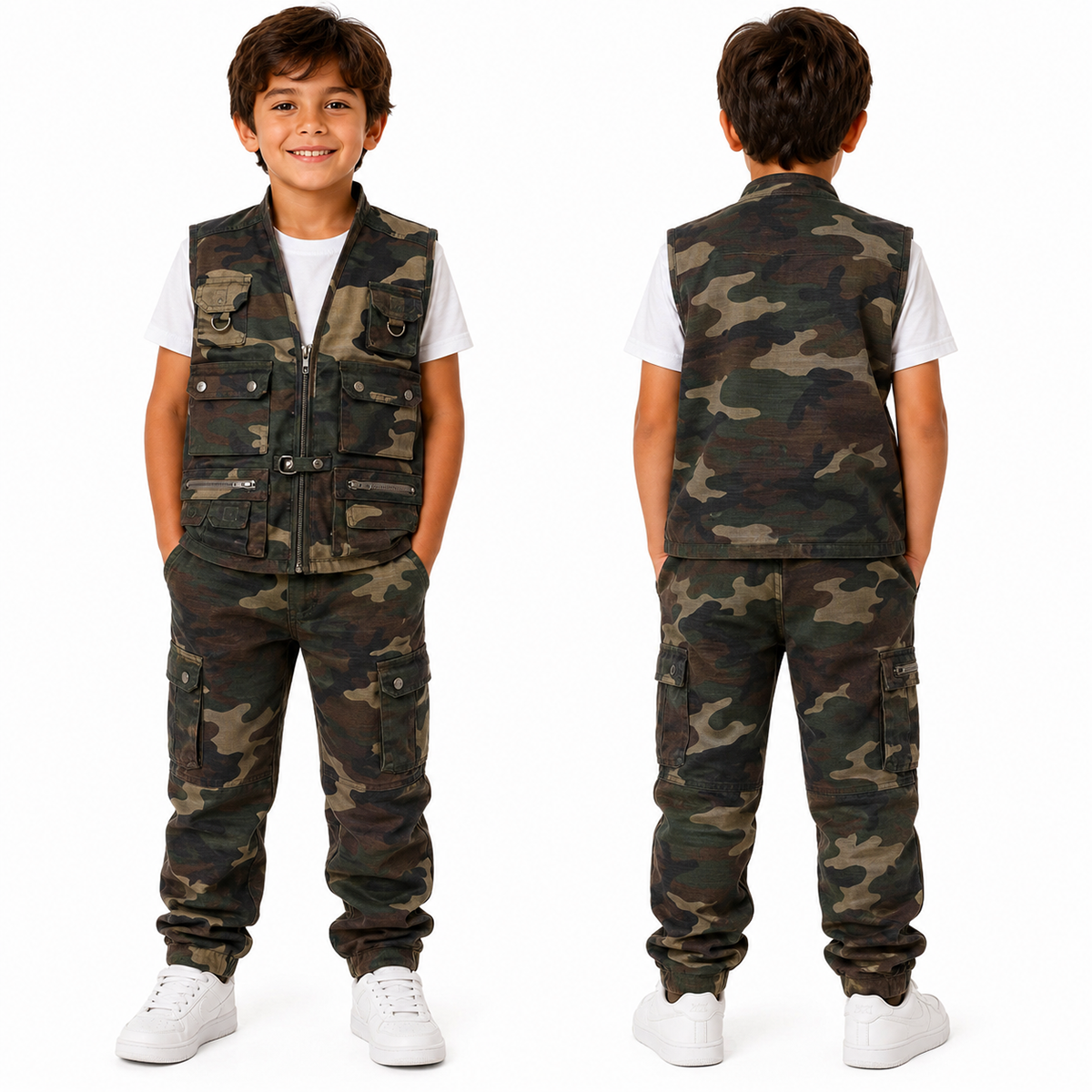 Completo bambino bimbo gilet pantalone mimetico militare sportivo cotone