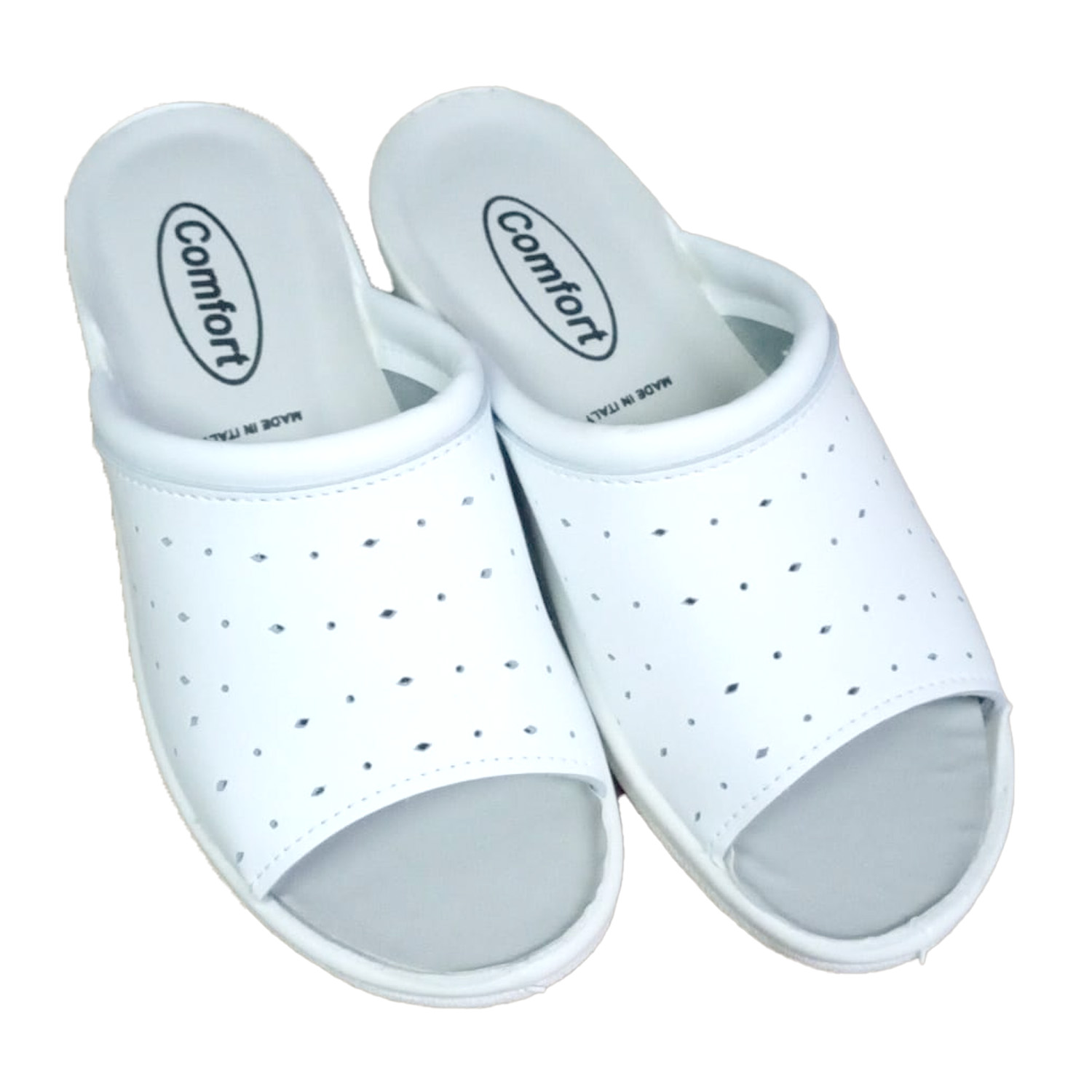 Pantofole sanitarie in pelle traforata con plantare anatomico e suola in gomma