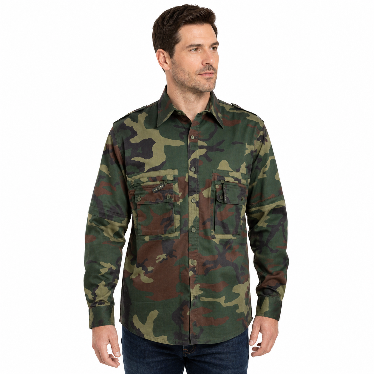 Camicia casacca manica staccabile caccia militare cotone tasche sportiva uomo