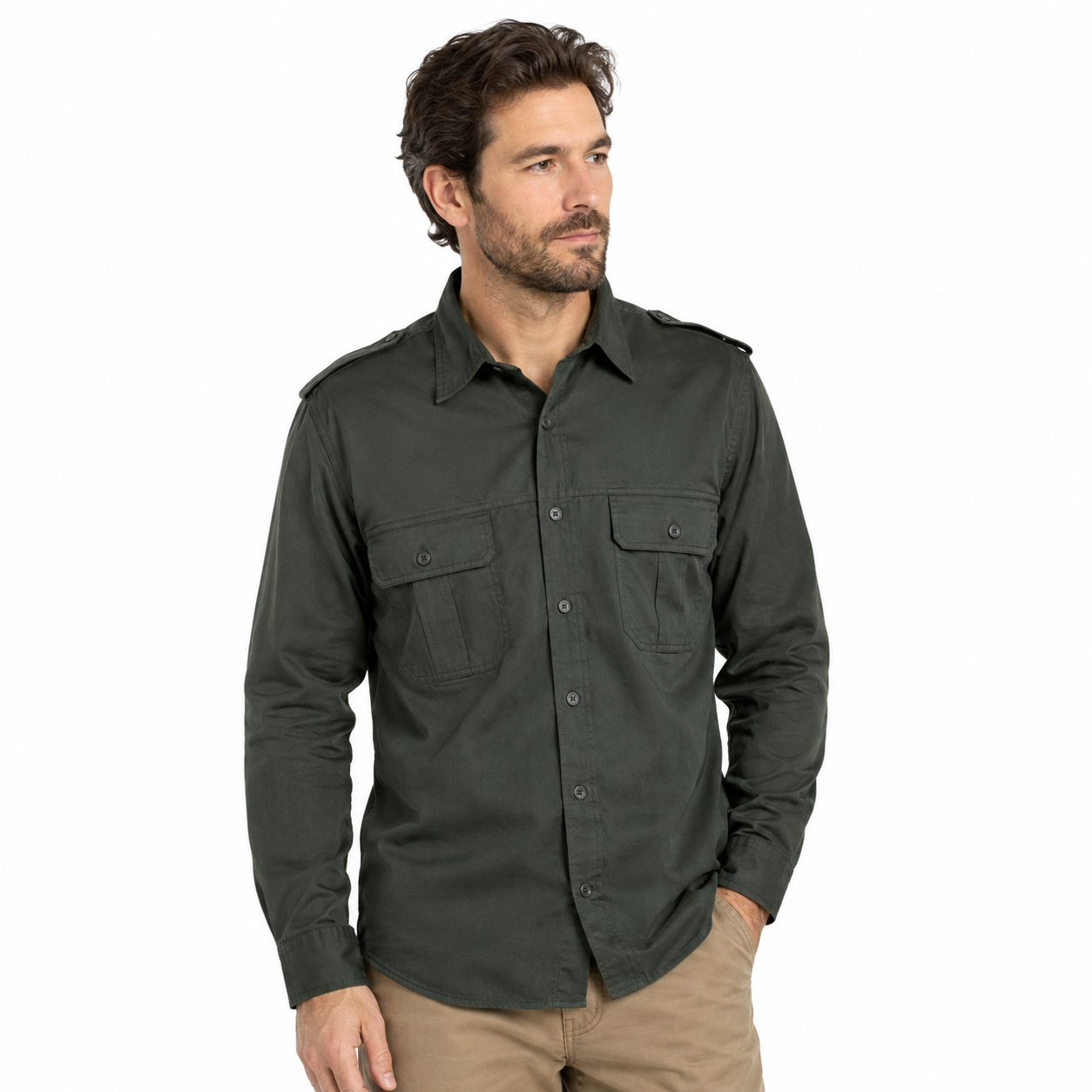 Camicia casacca cotone bottoncini tasche sportiva uomo slim casual caccia moda