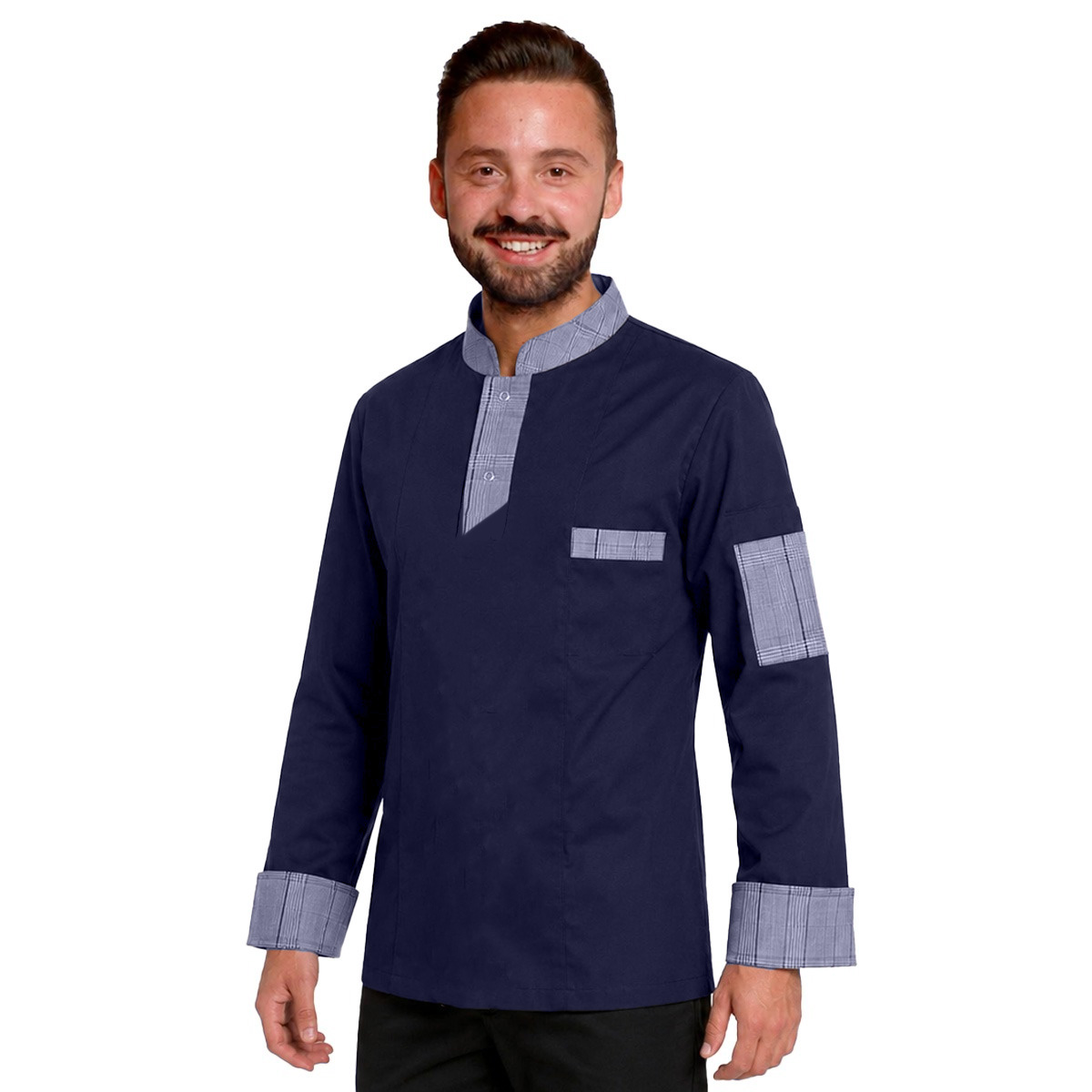 Giacca cuoco a casacca con bottoni automatici limited edition nero e blu made in italy - Personalizzabile con il tuo logo