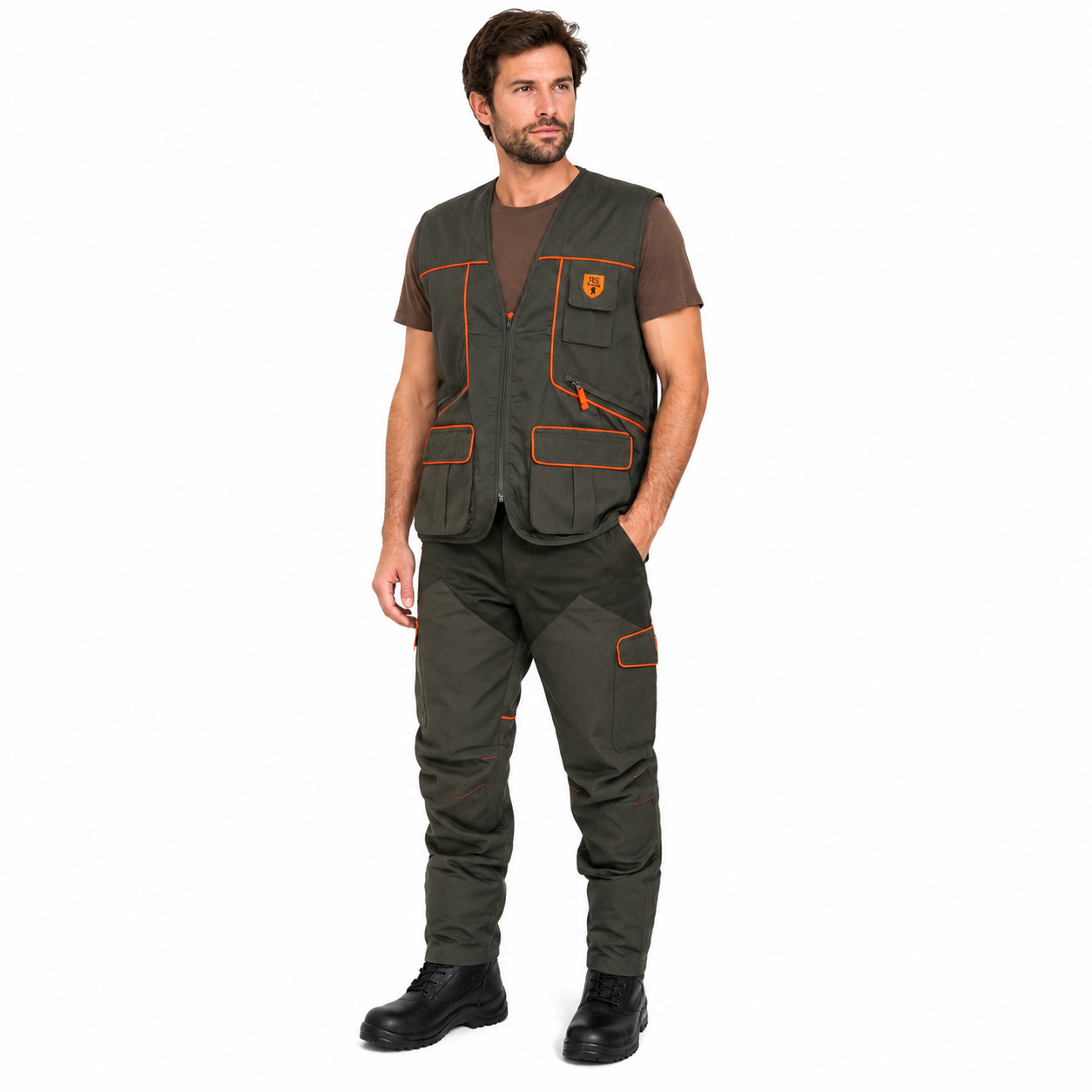 Completo caccia gilet pantalone riporti arancio smanicato uomo