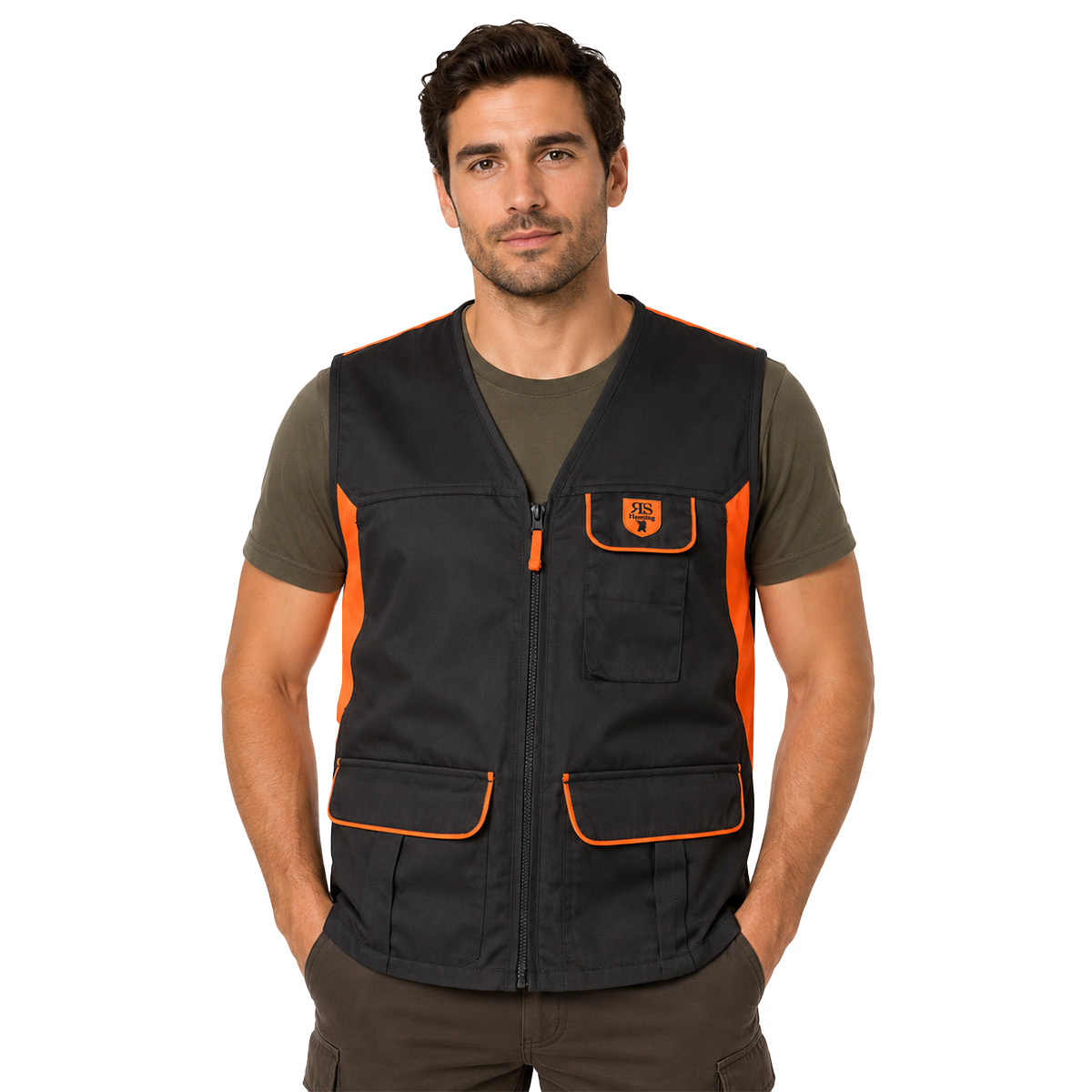 Gilet smanicato misto cotone caccia arancio cinghiale uomo carniere dietro con zip