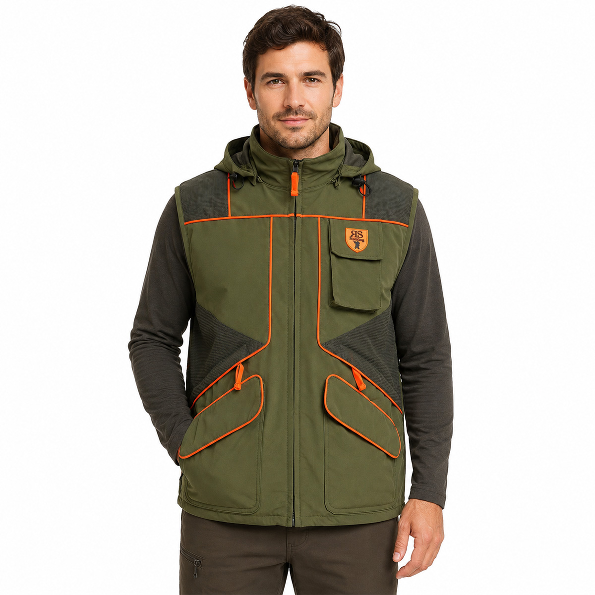 Gilet caccia verde elastico tasche impermeabile cappuccio sicurezza uomo - Personalizzabile con il tuo logo