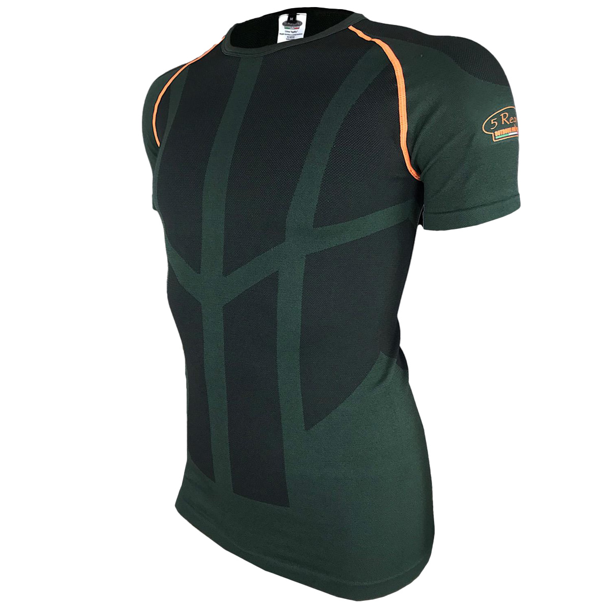 Maglia Termica a Compressione Senza Cuciture a Mezza Manica Verde e Arancio in Nylon e Spandex