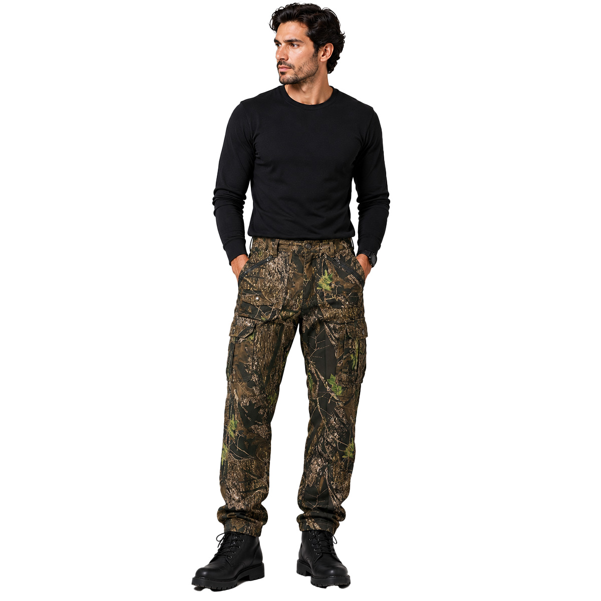 Pantalone pantaloni uomo pesca caccia sfoderato zip verde mimetico blu bosco