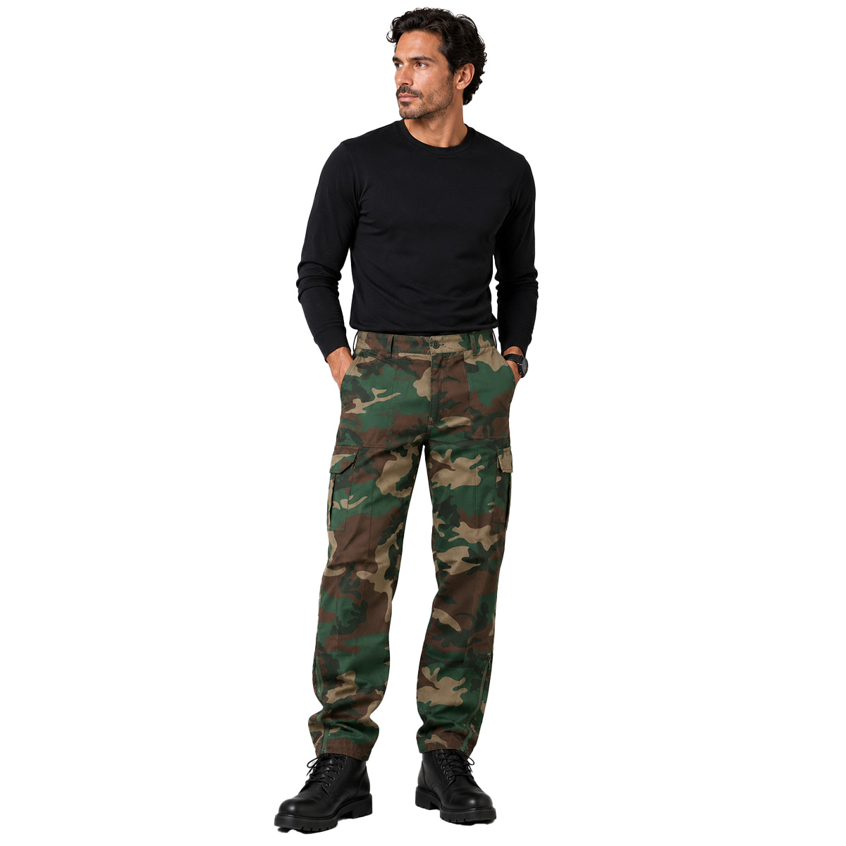 Pantalone pantaloni uomo pesca caccia sfoderato zip verde mimetico blu bosco