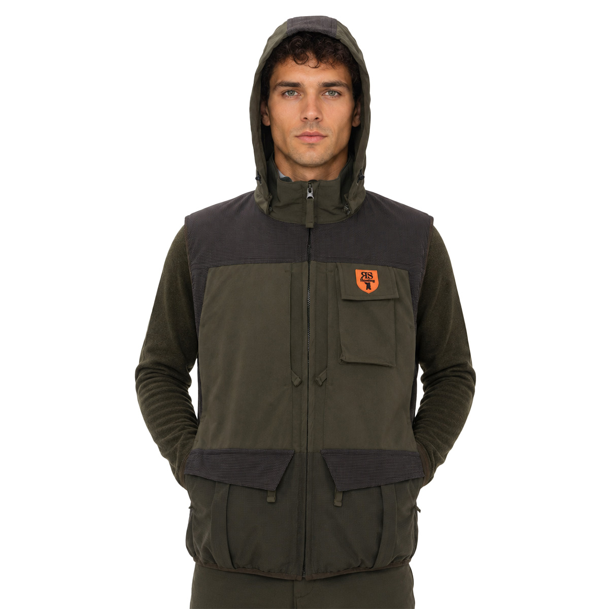 Gilet smanicato caccia verde quattro grandi tasche carniere sul retro con zip