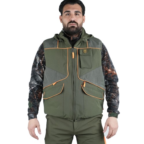 Gilet smanicato arancio verde elasticizzato antispino e antistrappo con la presenza di carniere caccia