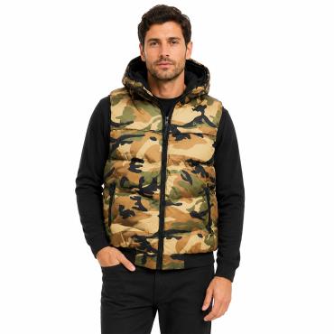 Gilet smanicato mimetico cappuccio impermeabile uomo imbotti