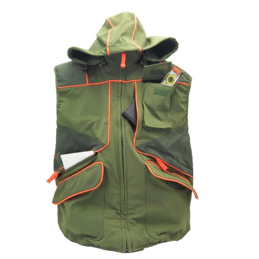 Gilet caccia verde elastico tasche impermeabile cappuccio sicurezza uomo - Personalizzabile con il tuo logo