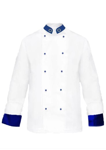 Giacca casacca cuoco chef modello europeo cotone bianco e bottonicini blu - Personalizzabile con il tuo logo
