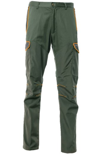 Pantalone uomo caccia antistrappo 6 tasche con rivestimento in tessuto tecnico verde con profili arancioni alta visibilita dalla 46 alla 60