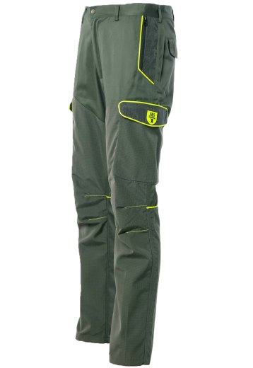 Pantalone uomo caccia antistrappo 6 tasche con rivestimento in tessuto tecnico verde con profilo Giallo alta visibilita dalla 46 alla 60