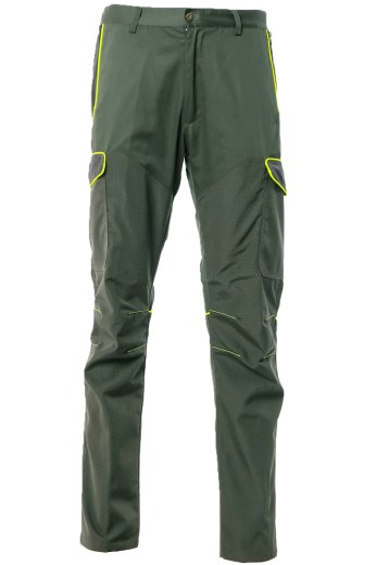 Pantalone uomo caccia antistrappo 6 tasche con rivestimento in tessuto tecnico verde con profilo Giallo alta visibilita dalla 46 alla 60