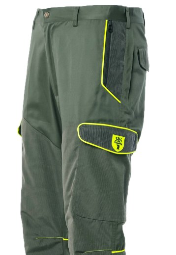 Pantalone uomo caccia antistrappo 6 tasche con rivestimento in tessuto tecnico verde con profilo Giallo alta visibilita dalla 46 alla 60