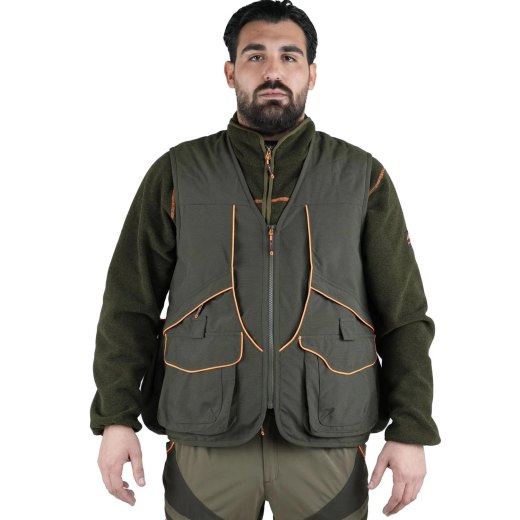 Smanicato panciotto gilet caccia verde uomo tasche inserti arancio cacciatora canvas