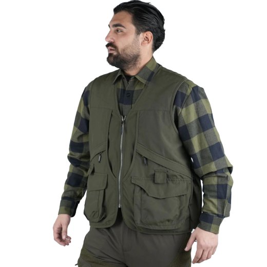 Smanicato panciotto gilet caccia verde uomo tasche inserti arancio cacciatora canvas
