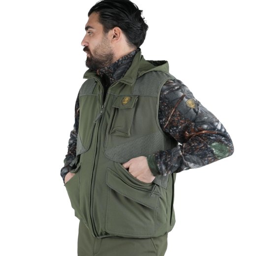 Gilet smanicato arancio verde elasticizzato antispino e antistrappo con la presenza di carniere caccia