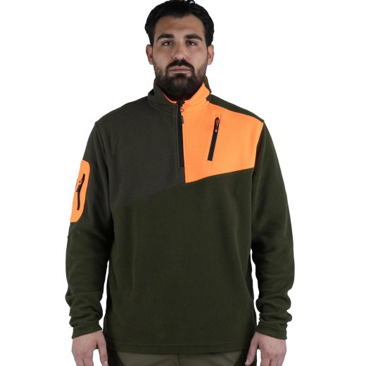 Maglione micropile caccia maglietta arancio tasche sportivo cinghiale beccaccia uomo