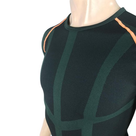 Maglia Termica a Compressione Senza Cuciture a Mezza Manica Verde e Arancio in Nylon e Spandex