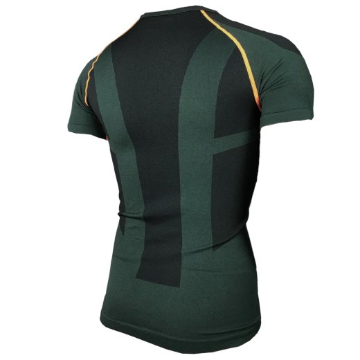 Maglia Termica a Compressione Senza Cuciture a Mezza Manica Verde e Arancio in Nylon e Spandex