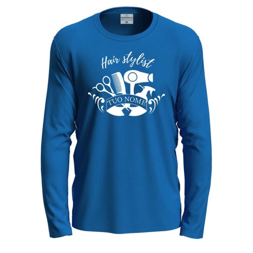 T-shirt a manica lunga con stampa DTF "HAIR STYLIST" per parrucchieri barbieri salone personalizzabile con nome
