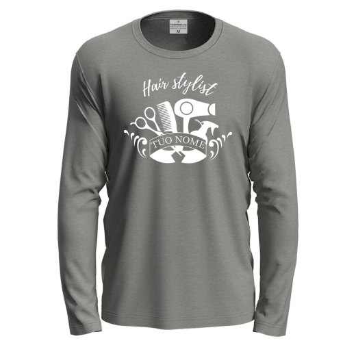 T-shirt a manica lunga con stampa DTF "HAIR STYLIST" per parrucchieri barbieri salone personalizzabile con nome