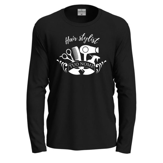 T-shirt a manica lunga con stampa DTF "HAIR STYLIST" per parrucchieri barbieri salone personalizzabile con nome