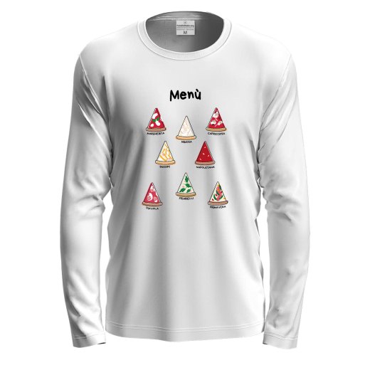 T-shirt a manica lunga con stampa DTF "MENU' PIZZA", idea divertente per amanti della pizza