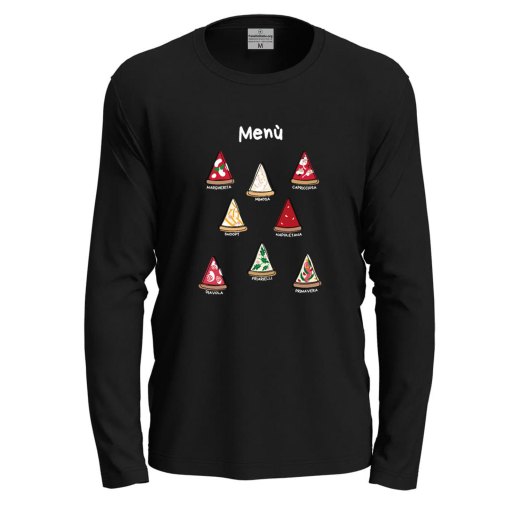T-shirt a manica lunga con stampa DTF "MENU' PIZZA", idea divertente per amanti della pizza