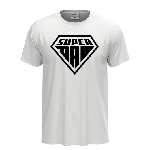 Short-sleeved T-shirt with "SUPER DAD" print, a fun gift idea for dads at birthday parties.