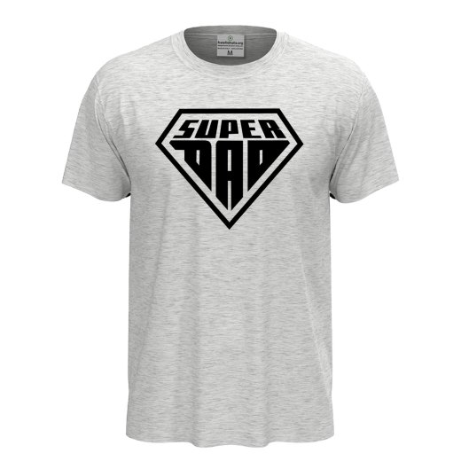 Short-sleeved T-shirt with "SUPER DAD" print, a fun gift idea for dads at birthday parties.