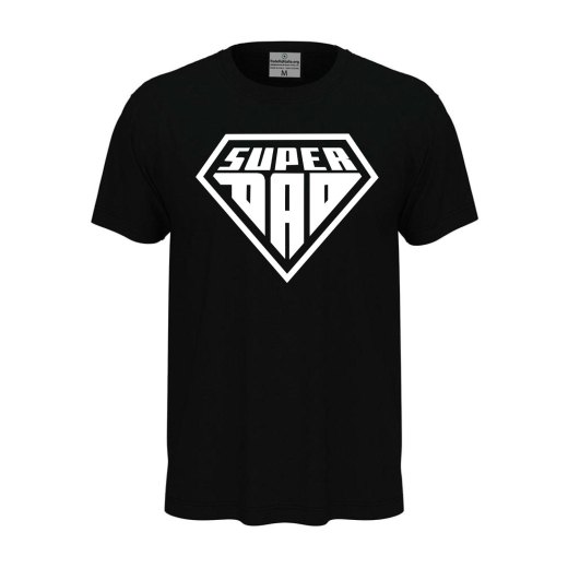 Short-sleeved T-shirt with "SUPER DAD" print, a fun gift idea for dads at birthday parties.