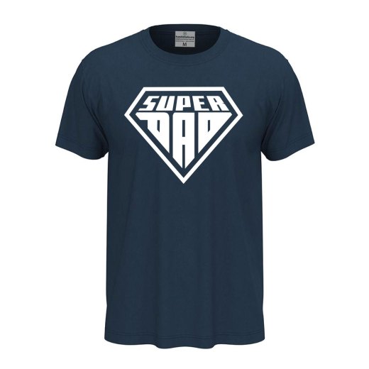 Short-sleeved T-shirt with "SUPER DAD" print, a fun gift idea for dads at birthday parties.