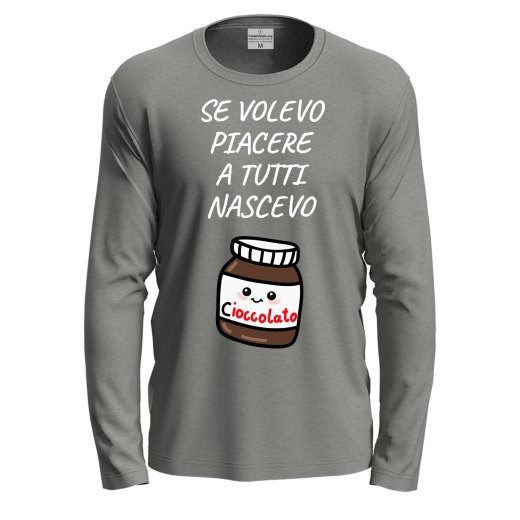 T-shirt a manica lunga con stampa DTF "NASCEVO CIOCCOLATO", idea regalo disponibile in varie taglie e colori