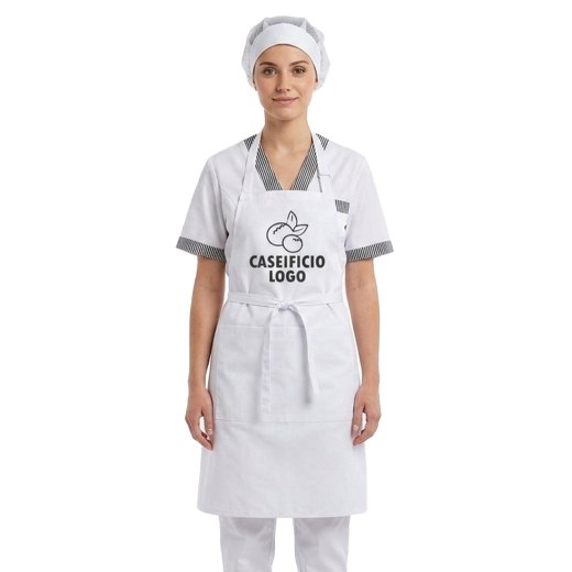 Divisa donna con camice grembiule pantalone cuffia per lavoro in caseifici laboratori e supermercati Personalizzabile con logo e nome