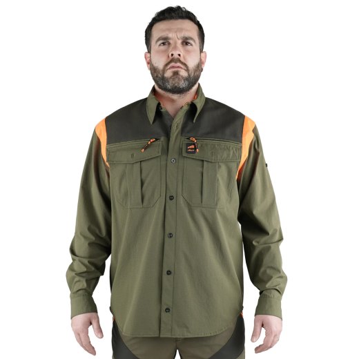 Camicia caccia verde arancio alta visibilita' fluo rinforzi ampie tasche frontali caccia outdoor