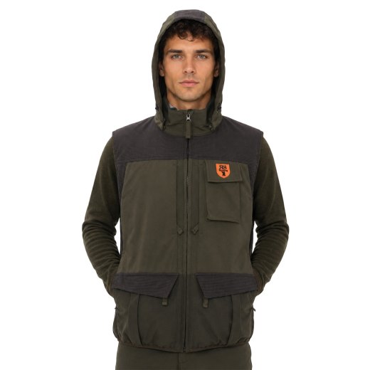 Gilet smanicato caccia verde quattro grandi tasche carniere sul retro con zip