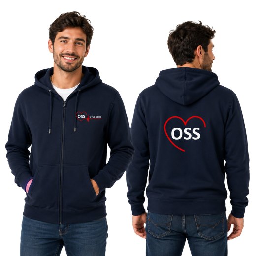 Felpa Unisex OSS con Zip e Cappuccio per Operatore Socio Sanitario in blu scuro - Personalizzata con stampa Fronte/Retro