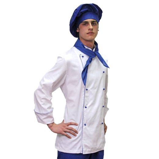 Giacca casacca cuoco cotone bianca profilo nero o blu con bottoncini - Personalizzabile con il tuo logo