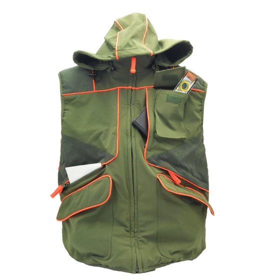 Gilet caccia verde elastico tasche impermeabile cappuccio sicurezza uomo - Personalizzabile con il tuo logo