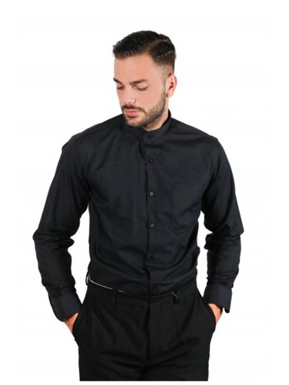 Camicia Uomo Cotone Nera Collo Coreana Casual Slim fit Manica Lunga - Personalizzabile con il tuo logo