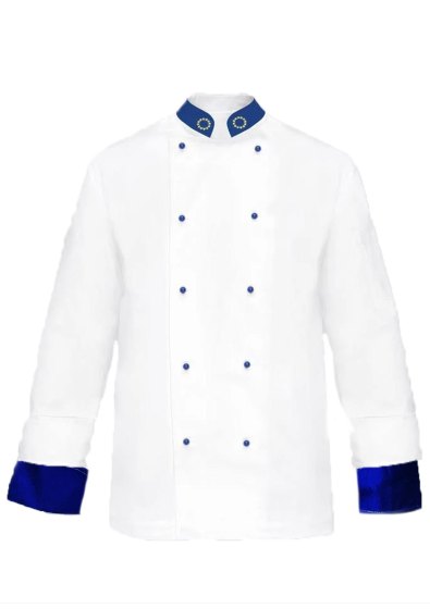 Giacca casacca cuoco chef modello europeo cotone bianco e bottonicini blu - Personalizzabile con il tuo logo