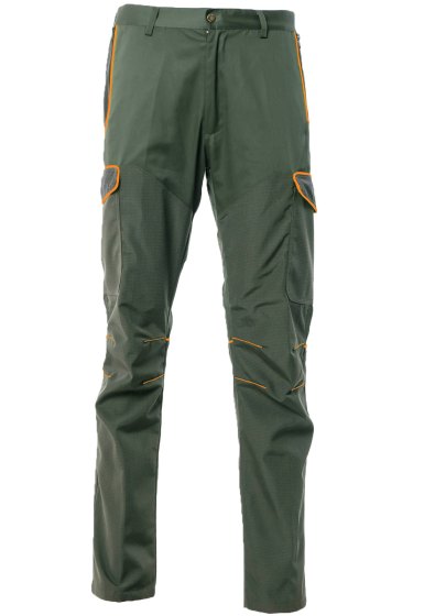 Pantalone uomo caccia antistrappo 6 tasche con rivestimento in tessuto tecnico verde con profili arancioni alta visibilita dalla 46 alla 60